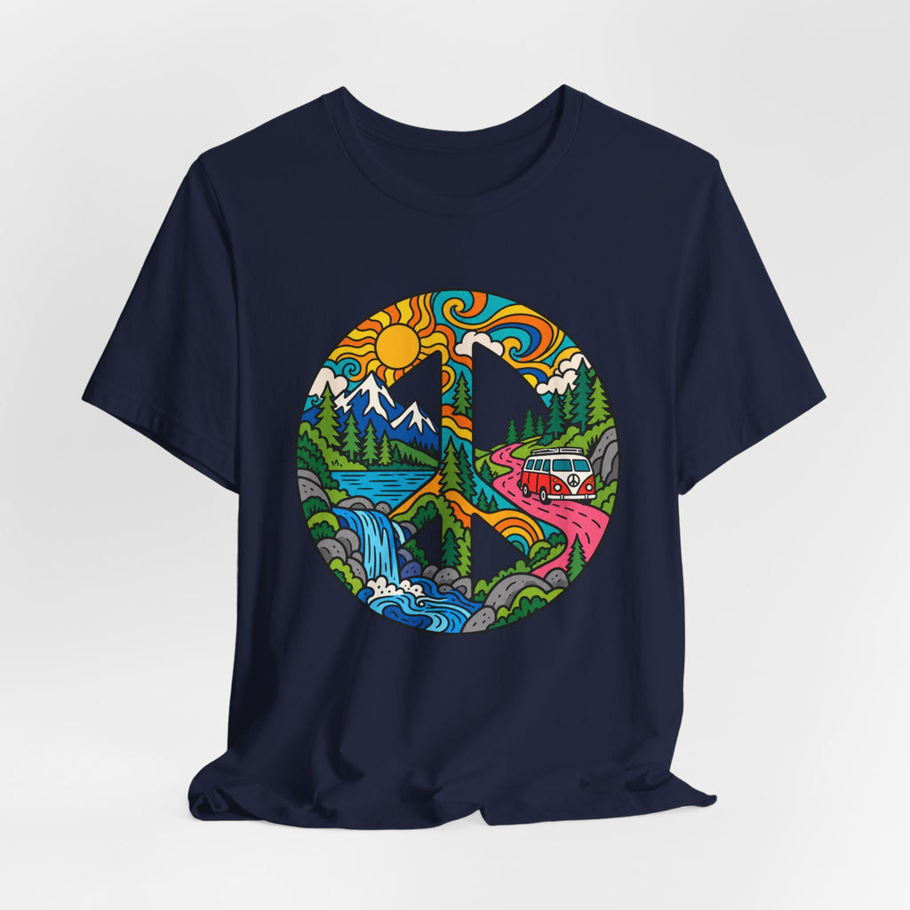 Peace Sign Mountain Van T-Shirt in Navy detail - retro mountain van peace sign close-up graphic