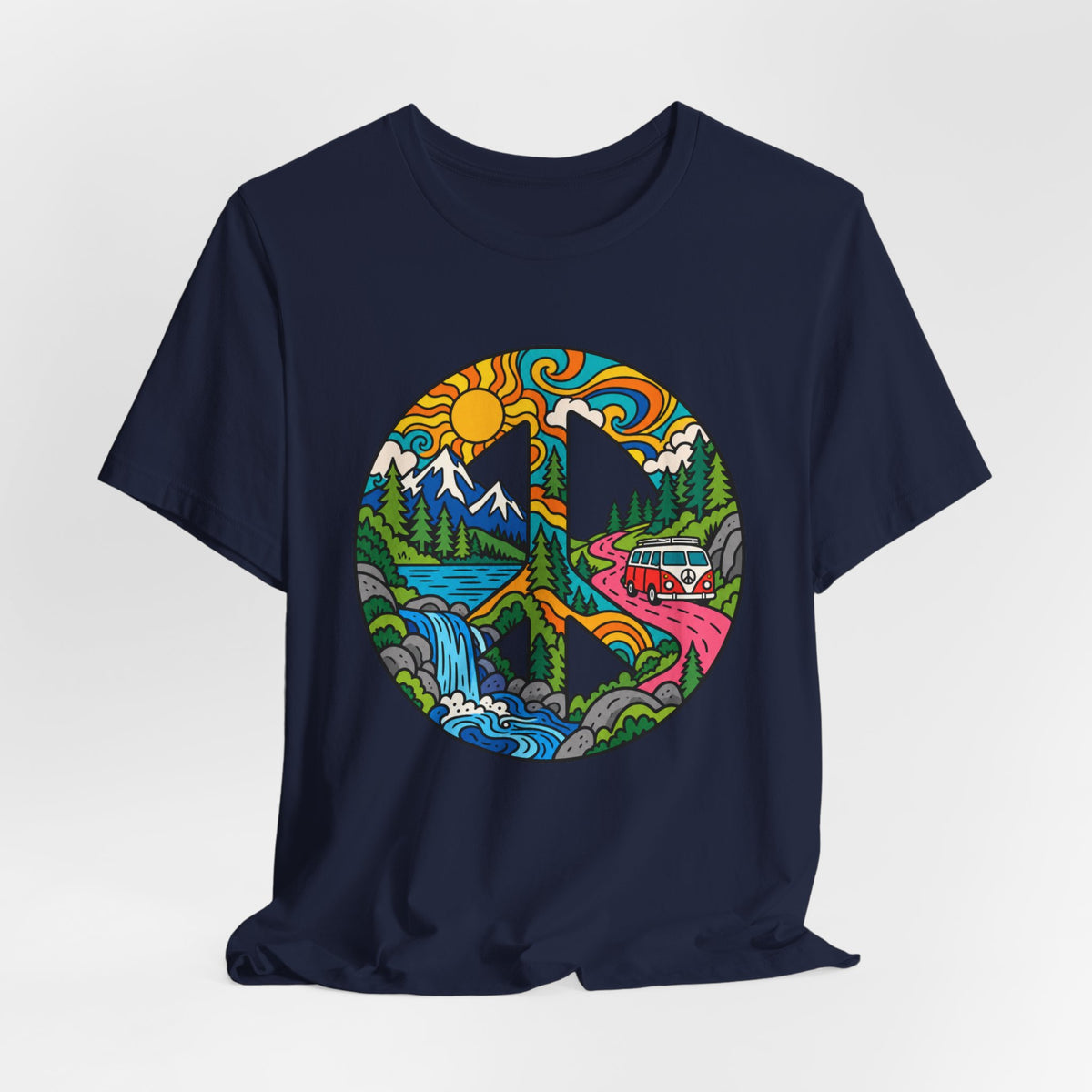 Peace Sign Mountain Van T-Shirt in Navy detail - retro mountain van peace sign close-up graphic