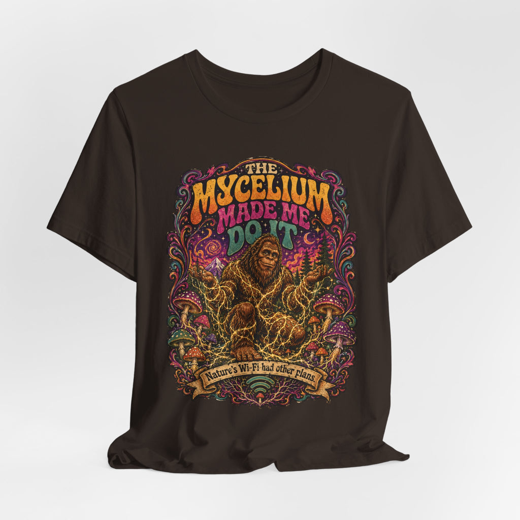 Mycelium Made Me Do It Bigfoot Mushroom T-Shirt in Black - funny Bigfoot mycelium mushroom graphic tee, Barely Outdoorsy Bella Canvas 3001