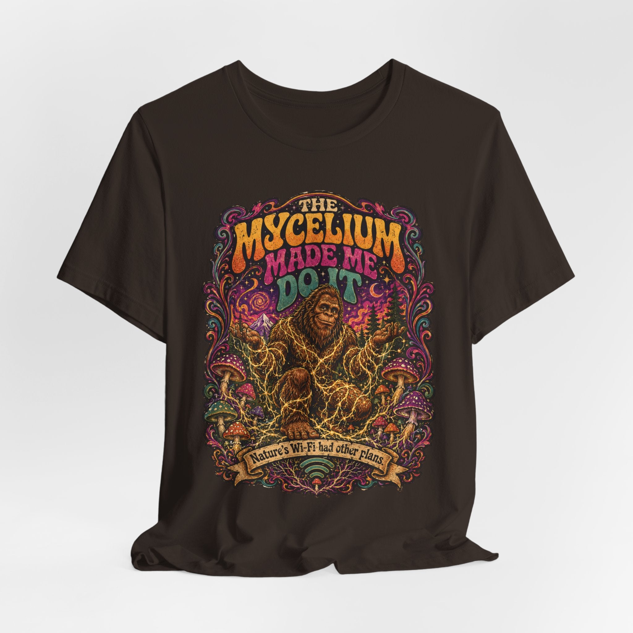 Mycelium Made Me Do It Bigfoot Mushroom T-Shirt in Black - funny Bigfoot mycelium mushroom graphic tee, Barely Outdoorsy Bella Canvas 3001