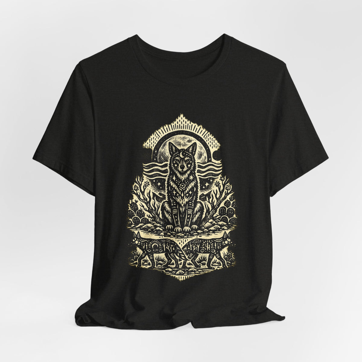 Moonlit Coyote Linocut T-Shirt in Heather Maroon - Southwest linocut moonlit coyote woodcut graphic tee, Barely Outdoorsy