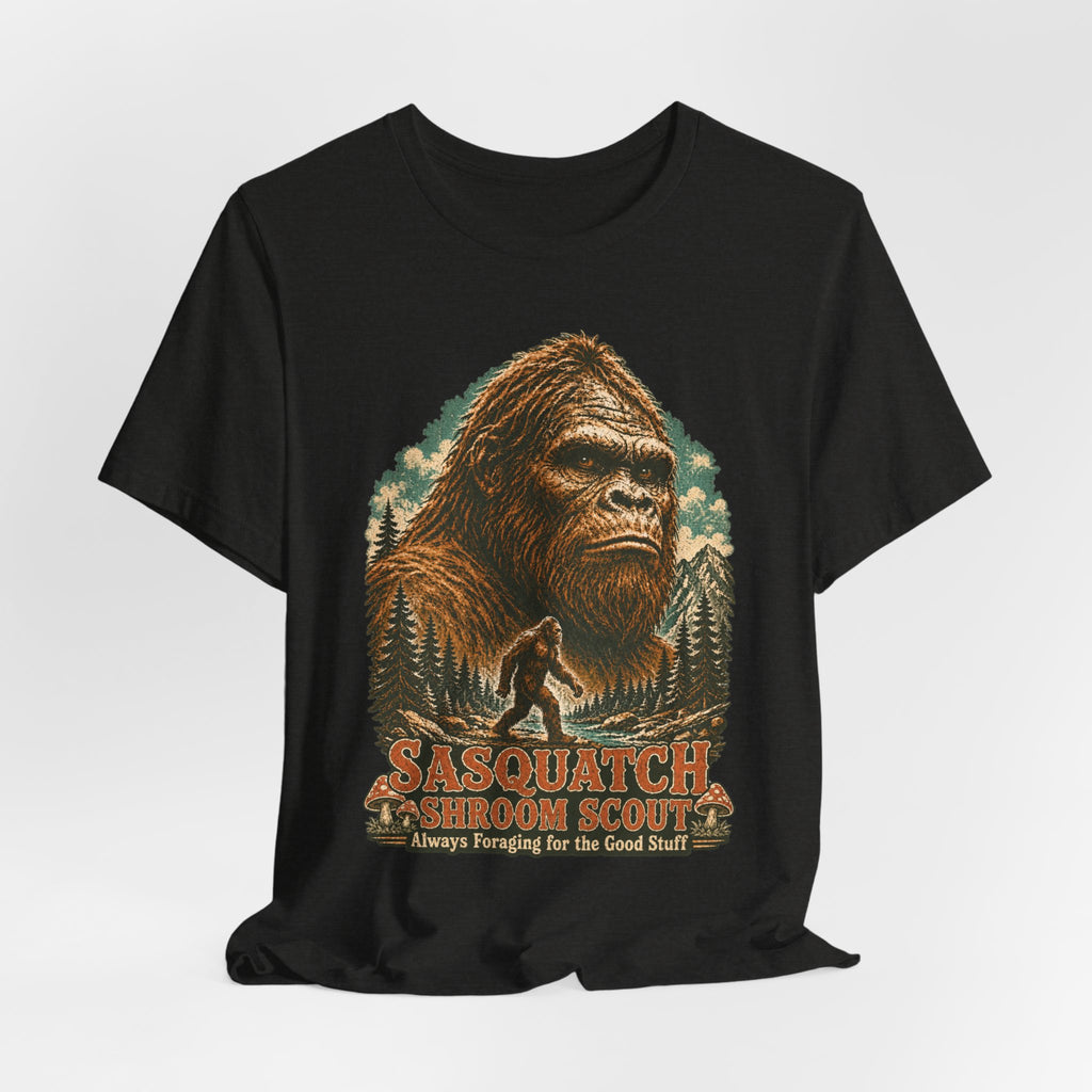 Sasquatch Shroom Scout Tee in Black Heather - funny Sasquatch shroom scout shirt, Barely Outdoorsy Bella Canvas