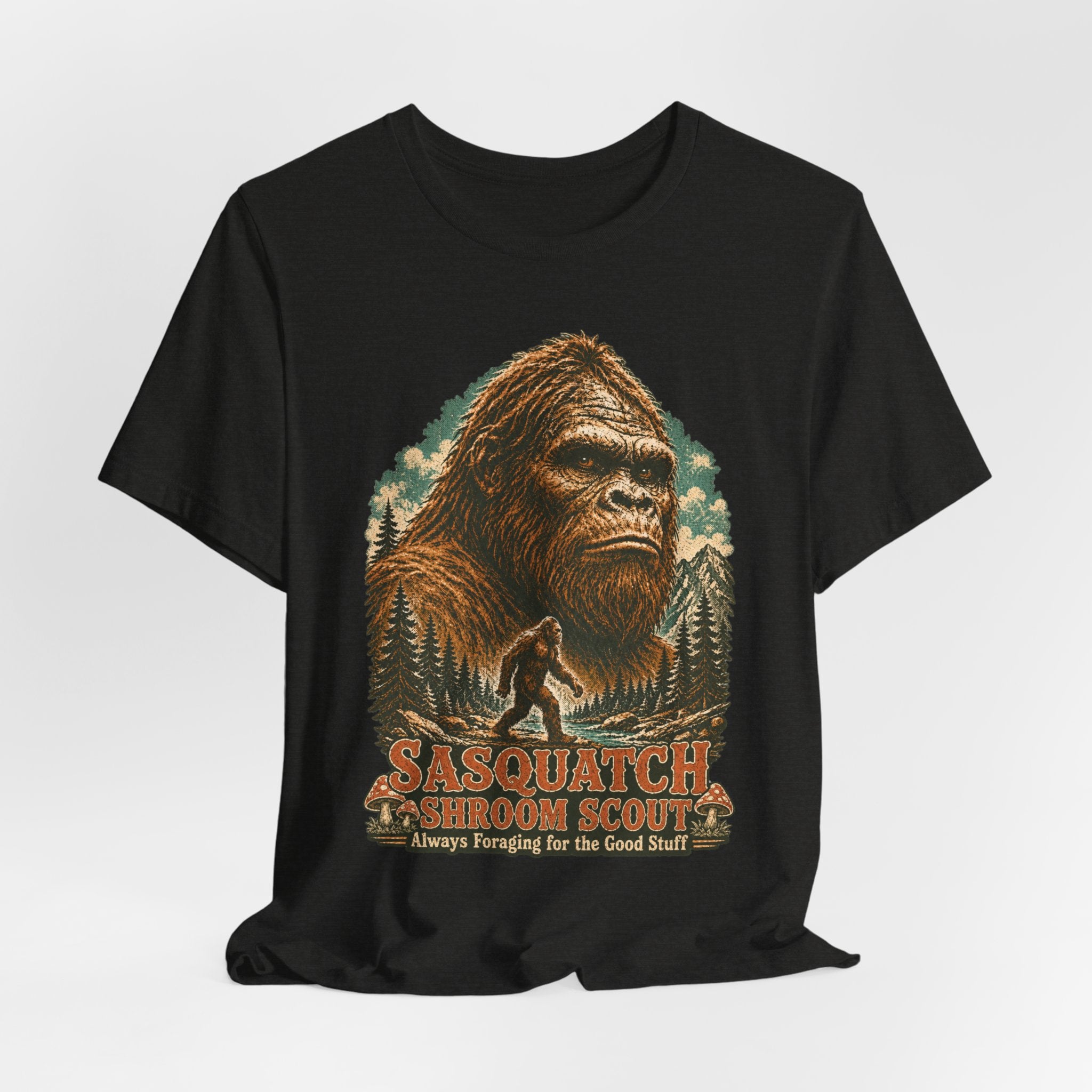 Sasquatch Shroom Scout Tee in Black Heather - funny Sasquatch shroom scout shirt, Barely Outdoorsy Bella Canvas