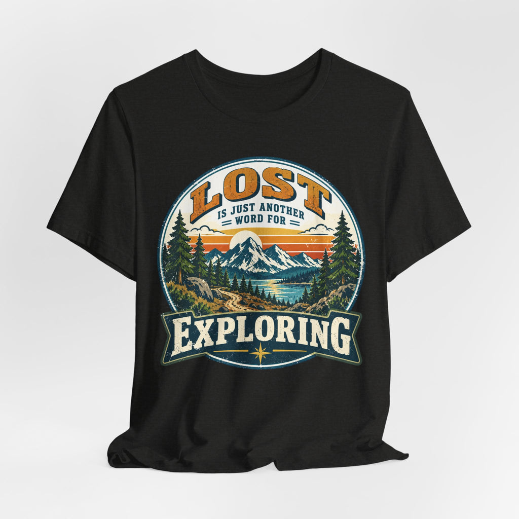 Lost Is Just Another Word For Exploring Tee in Heather Peach - funny hiking lost shirt, Barely Outdoorsy Bella Canvas