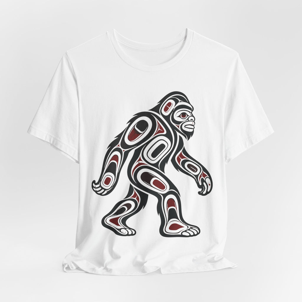 Northwest Tribal Bigfoot Tee flat lay Athletic Heather - unisex crew neck formline Sasquatch graphic tee, Barely Outdoorsy