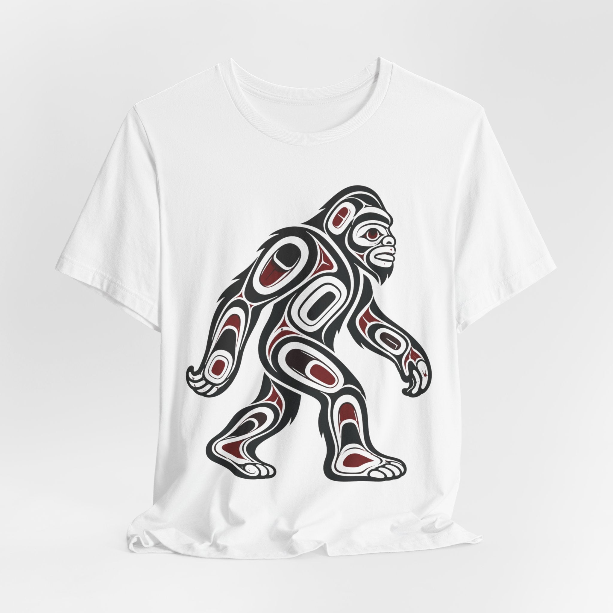 Northwest Tribal Bigfoot Tee flat lay Athletic Heather - unisex crew neck formline Sasquatch graphic tee, Barely Outdoorsy