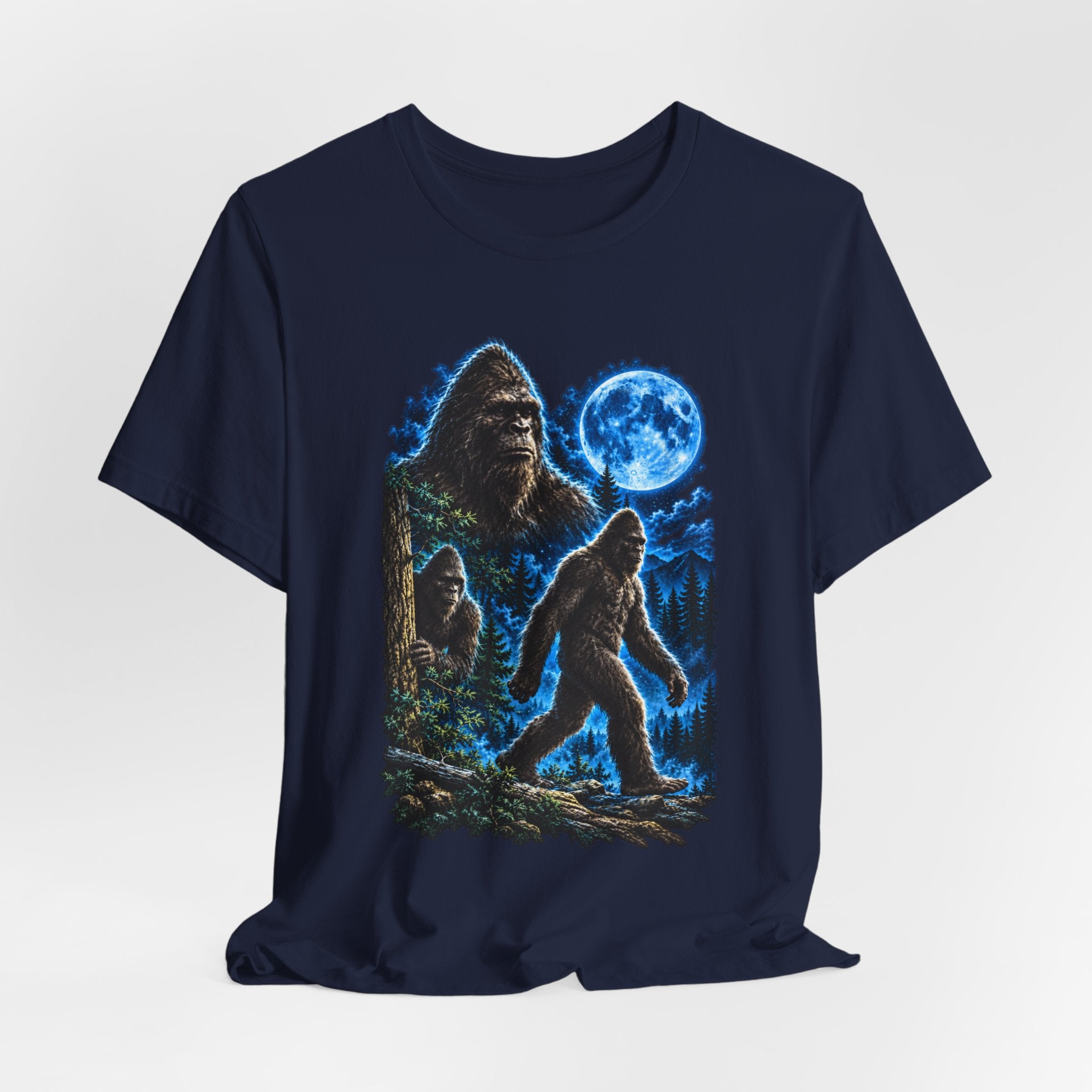 Bigfoot Family Blue Moon Forest T-Shirt in Brown - funny Sasquatch family moonlit graphic tee, Barely Outdoorsy