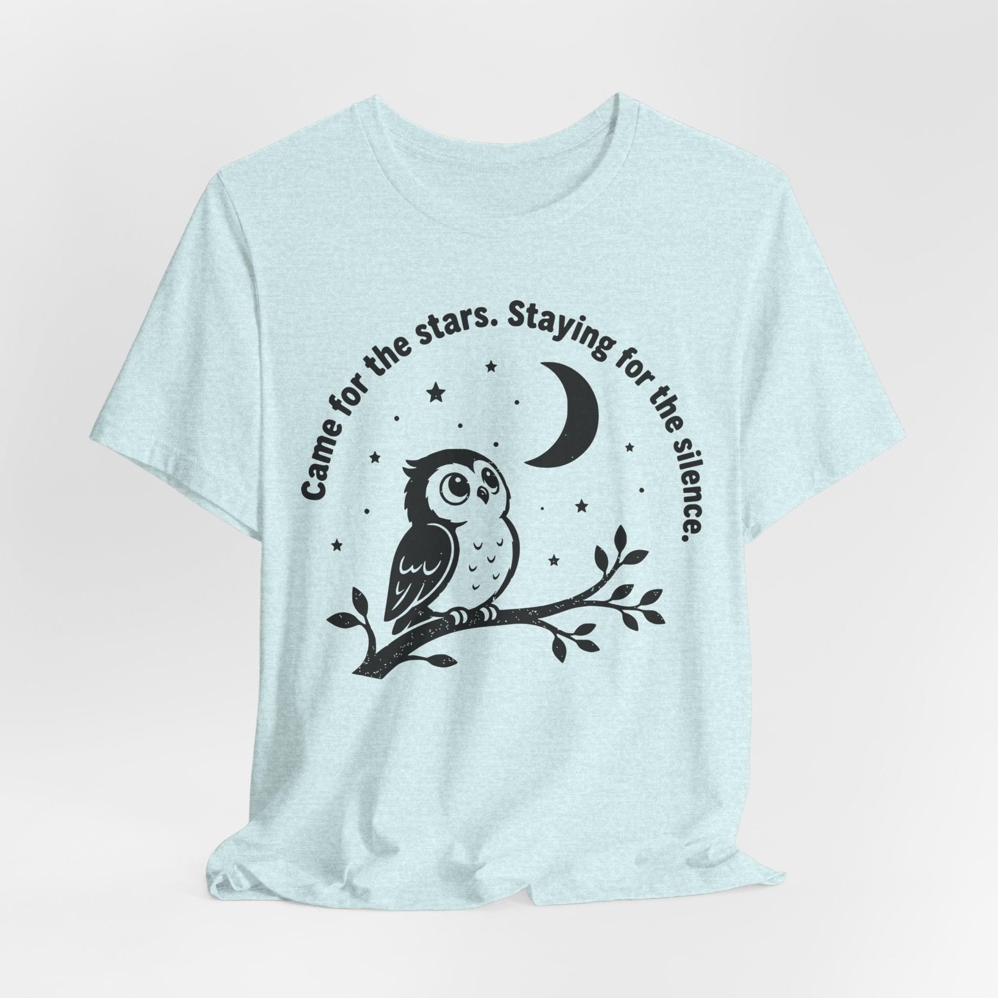 Came For The Stars Staying For The Silence T-Shirt in Heather Prism Lilac - moonlit owl night graphic tee, Barely Outdoorsy