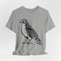 Hawk Woodcut T-Shirt in White detail - vintage hawk woodcut close-up graphic, Barely Outdoorsy Bella Canvas