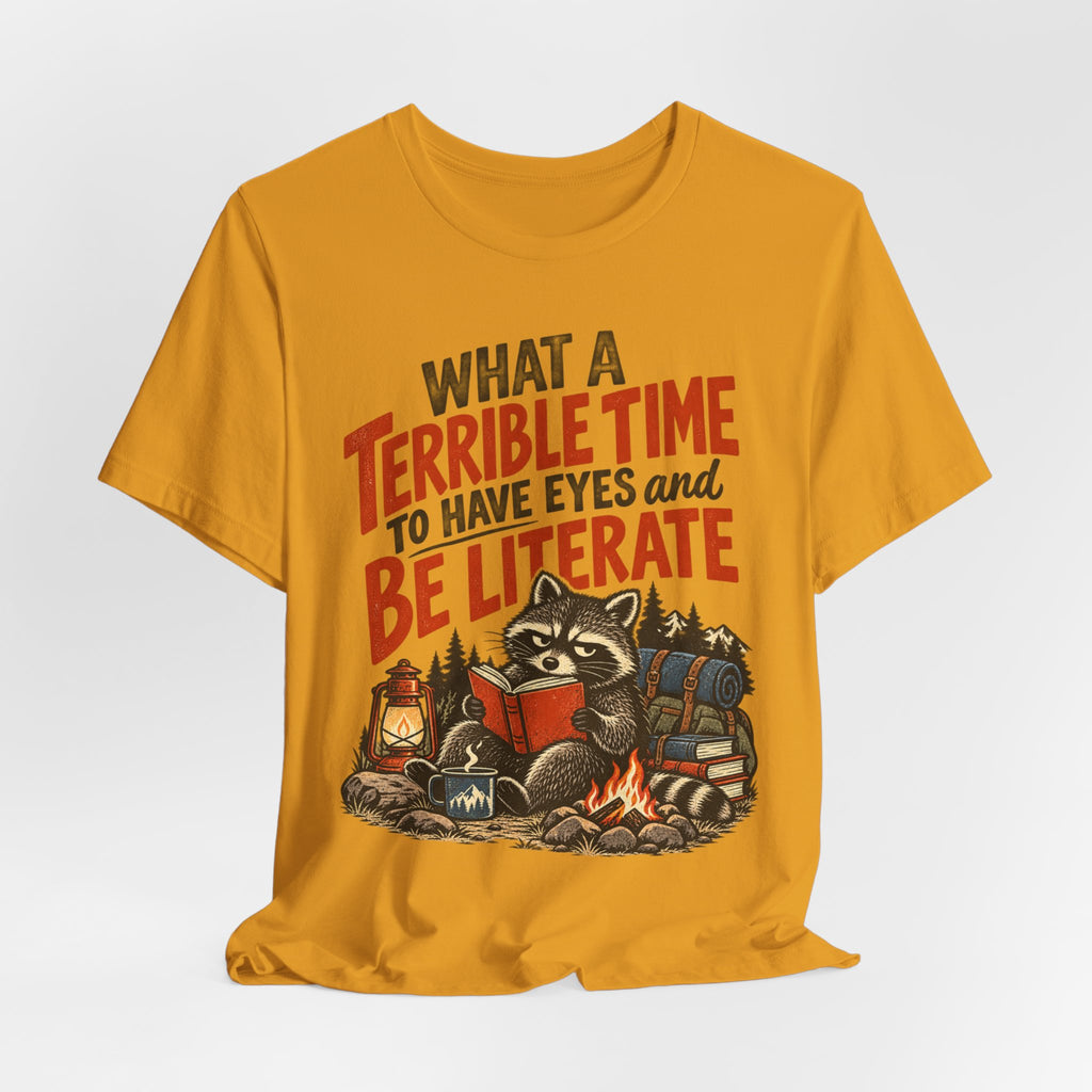 Terrible Time to Be Literate Camping Raccoon T-Shirt in Heather Purple worn shot - funny raccoon literate camping shirt, Barely Outdoorsy