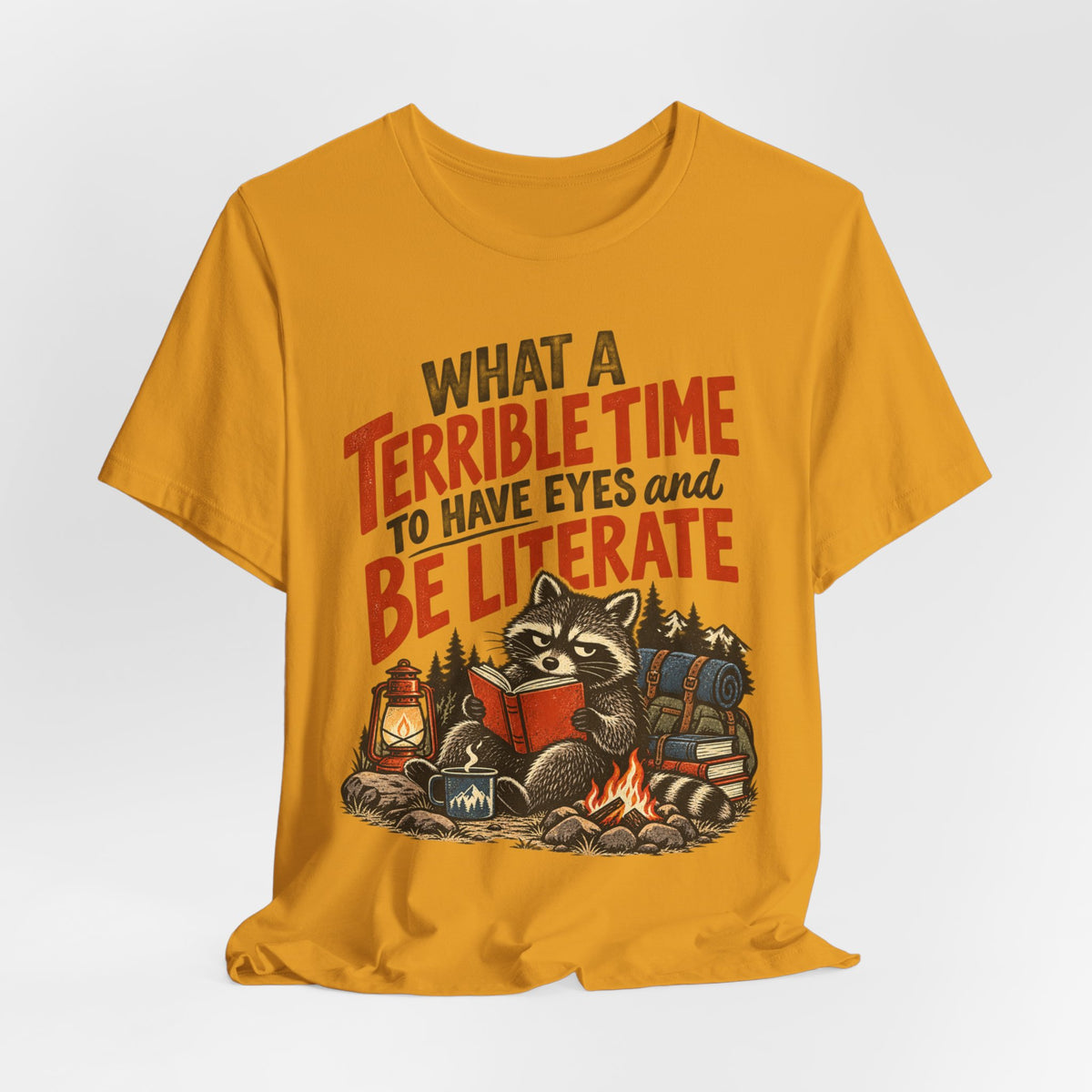 Terrible Time to Be Literate Camping Raccoon T-Shirt in Heather Purple worn shot - funny raccoon literate camping shirt, Barely Outdoorsy