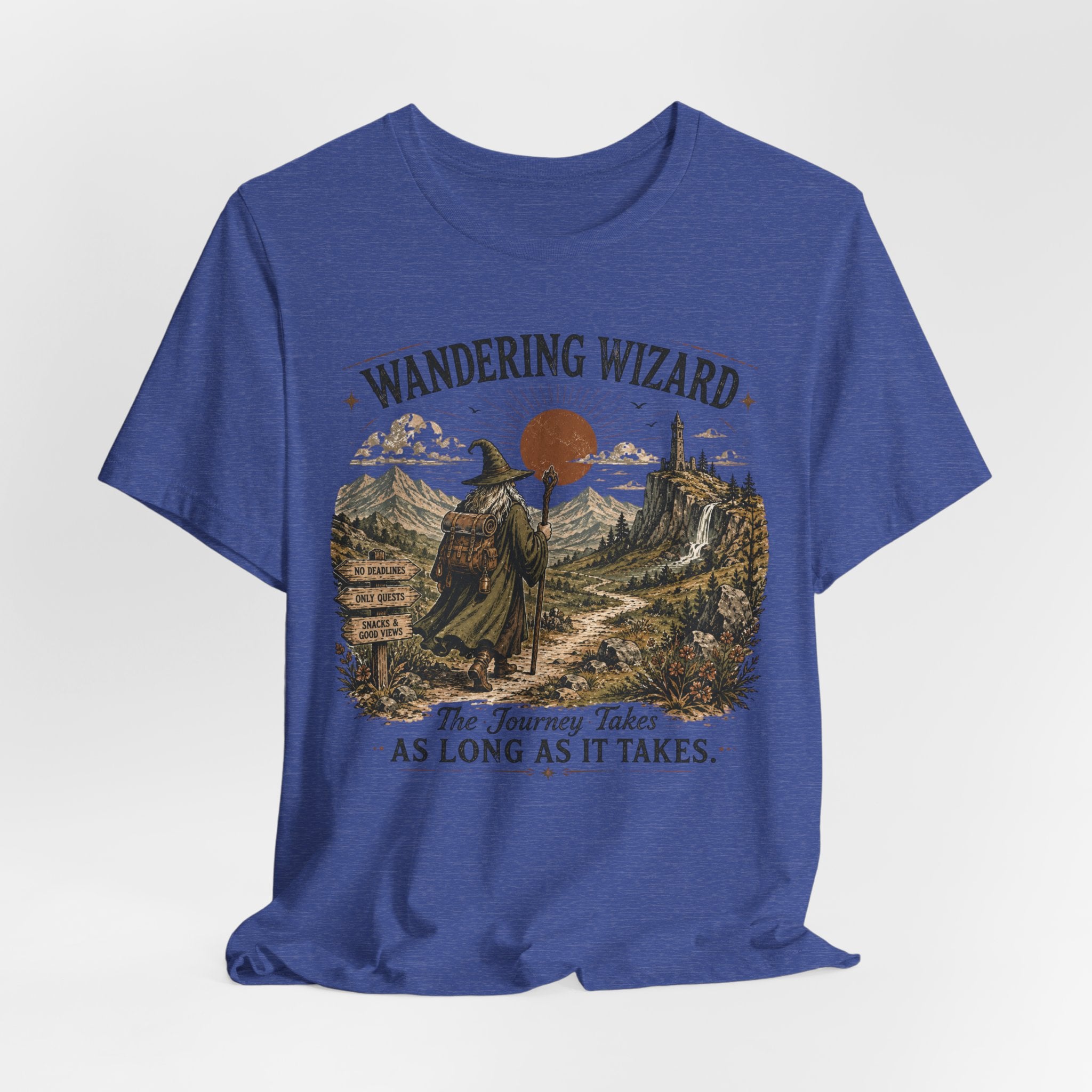 Wandering Wizard Fantasy Hiking T-Shirt in Heather Peach - fantasy wizard hiking graphic tee, Barely Outdoorsy