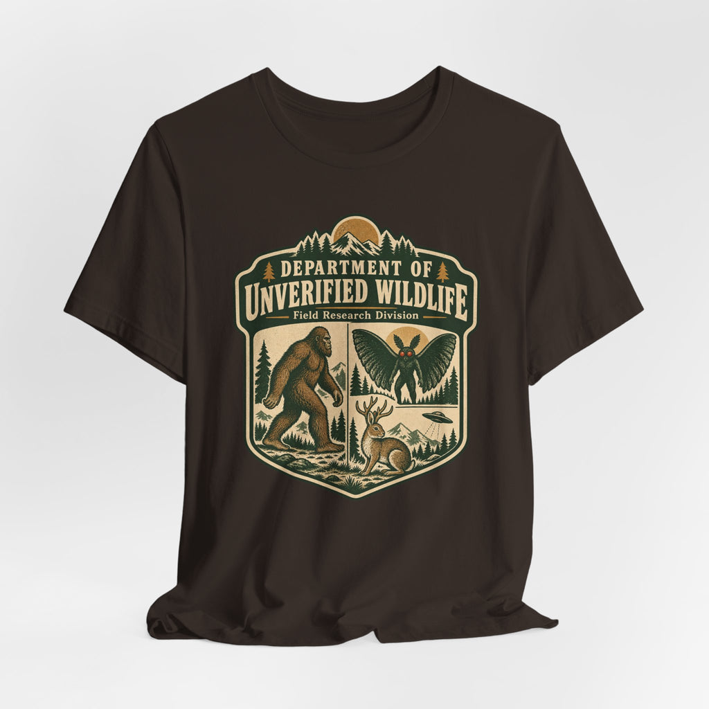 Department of Unverified Wildlife T-Shirt in Dark Grey Heather - funny cryptid department humor graphic tee, Barely Outdoorsy Bella Canvas 3001