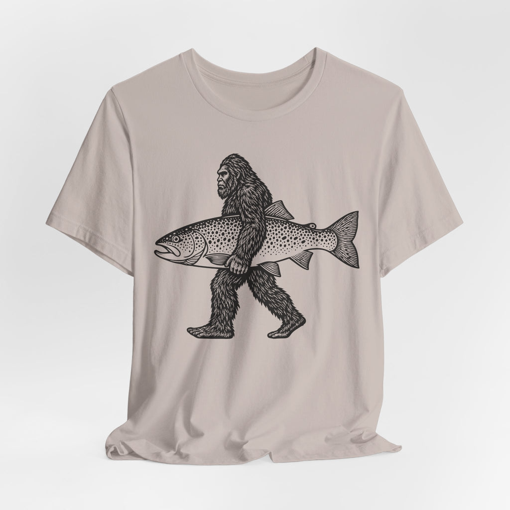 Bigfoot Fishing Sasquatch Trout T-Shirt in Heather Green - funny Bigfoot fishing Sasquatch trout fisherman graphic tee, Barely Outdoorsy Bella Canvas 3001