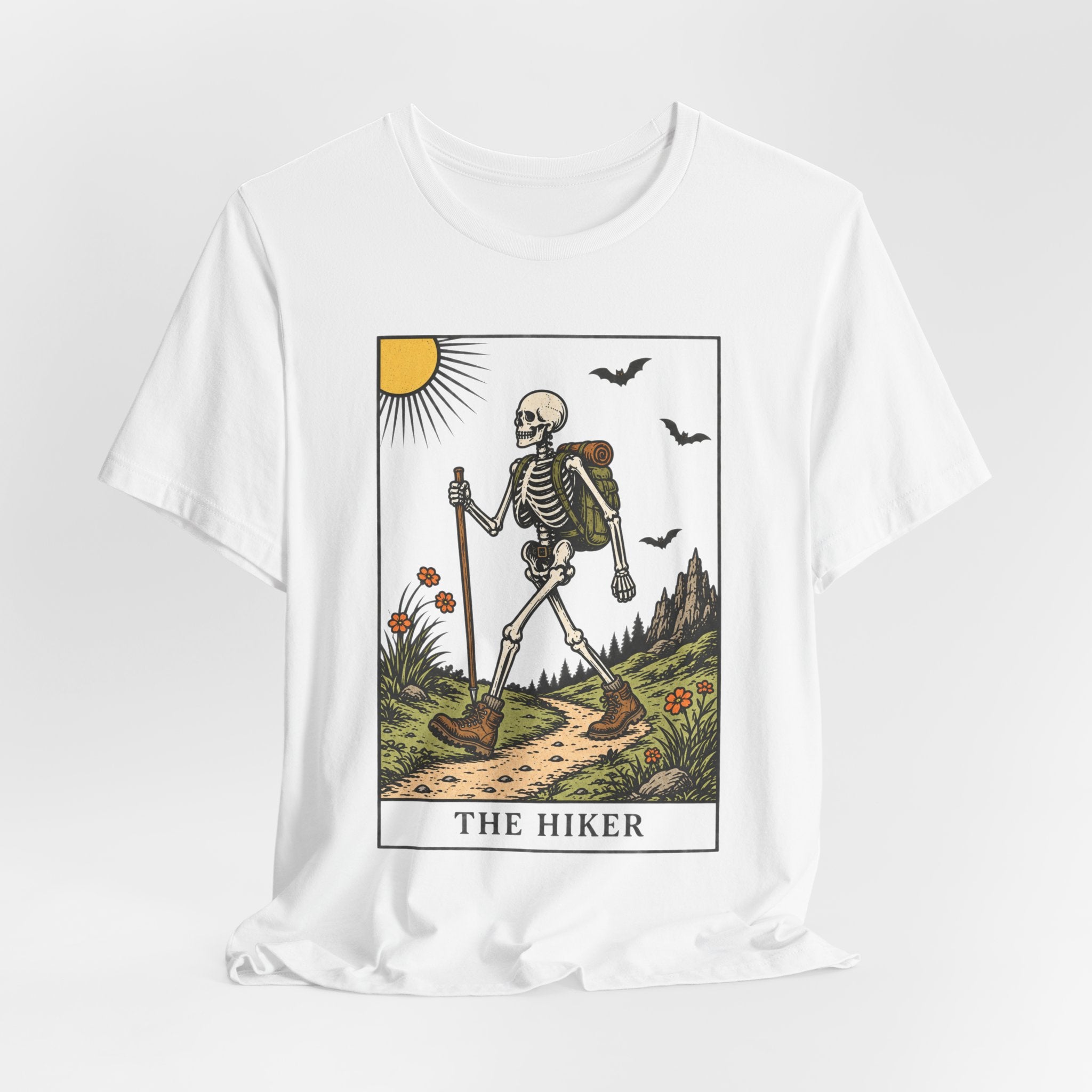 The Hiker Tarot Card Funny Skeleton T-Shirt in Athletic Heather - funny tarot skeleton hiking graphic tee, Barely Outdoorsy Bella Canvas 3001