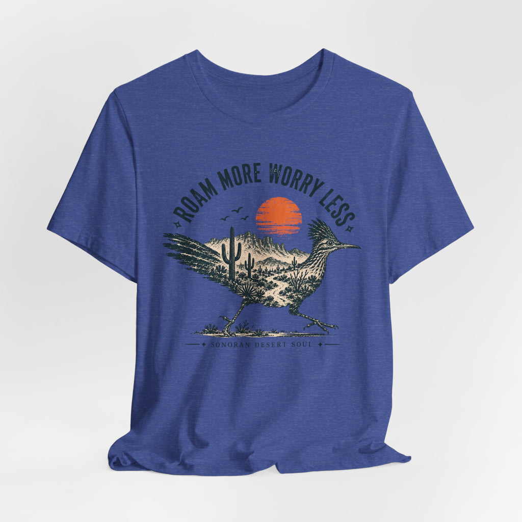 Roam More Worry Less Roadrunner T-Shirt in Heather Ice Blue - Southwest roadrunner graphic tee, Barely Outdoorsy