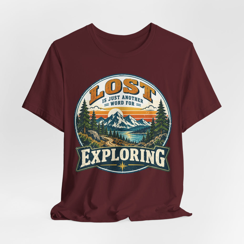 Lost Is Just Another Word For Exploring Tee in Dark Grey Heather detail - funny hiking lost close-up graphic