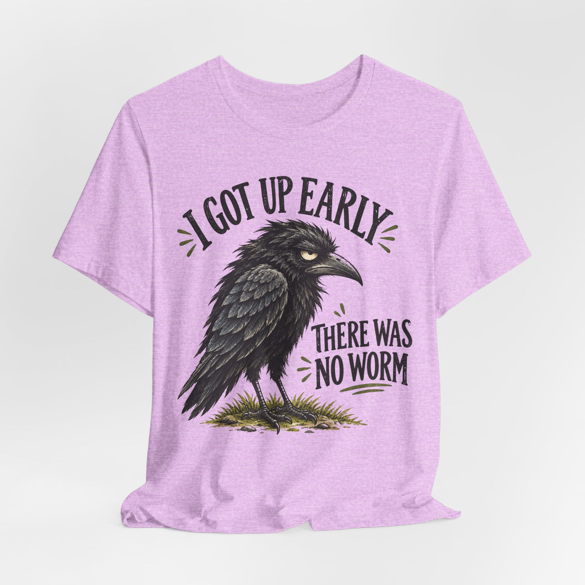 I Got Up Early There Was No Worm T-Shirt in Heather Stone - funny raven early bird graphic tee, Barely Outdoorsy Bella Canvas
