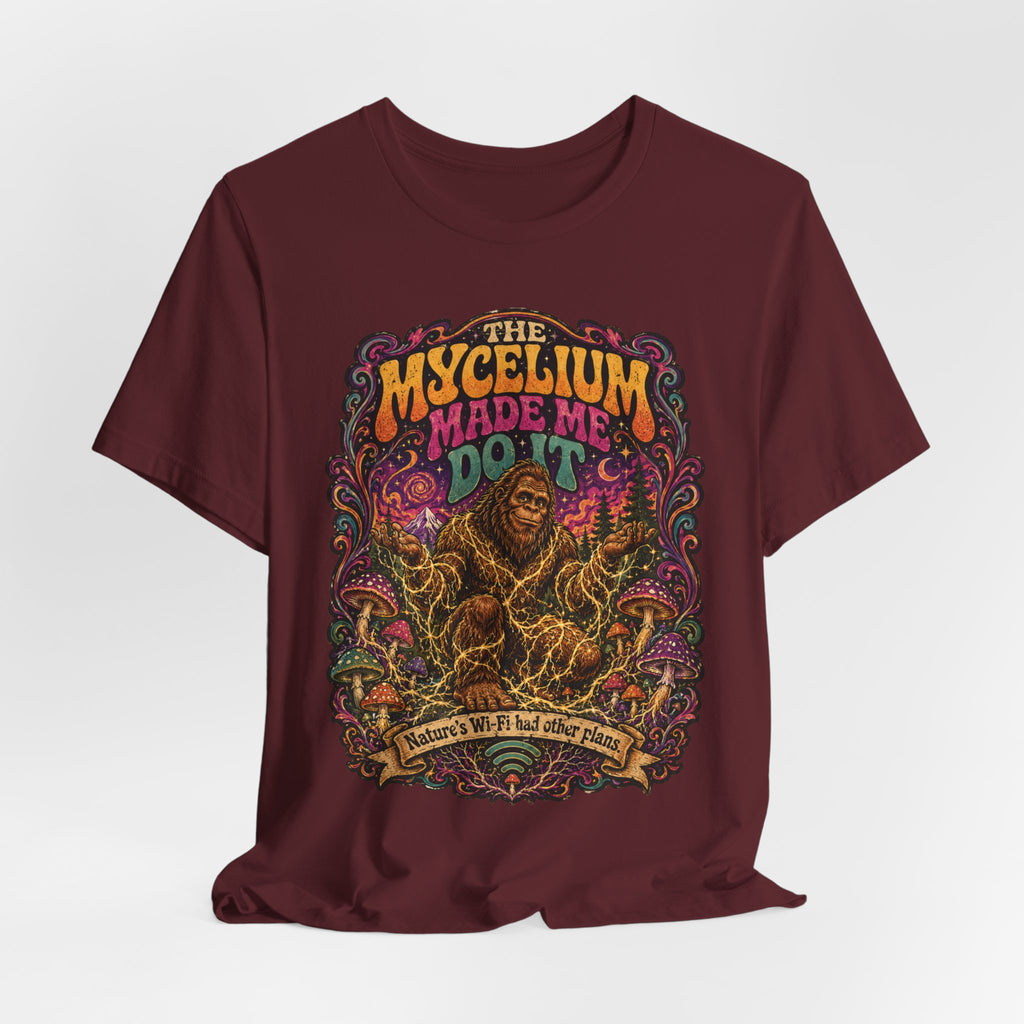 Mycelium Made Me Do It Tee in Heather Peach - Bigfoot mushroom mycelium humor shirt, Barely Outdoorsy Bella Canvas
