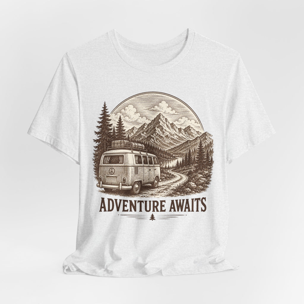Adventure Awaits Tee in White detail - sepia etching camper van mountain close-up graphic, Barely Outdoorsy
