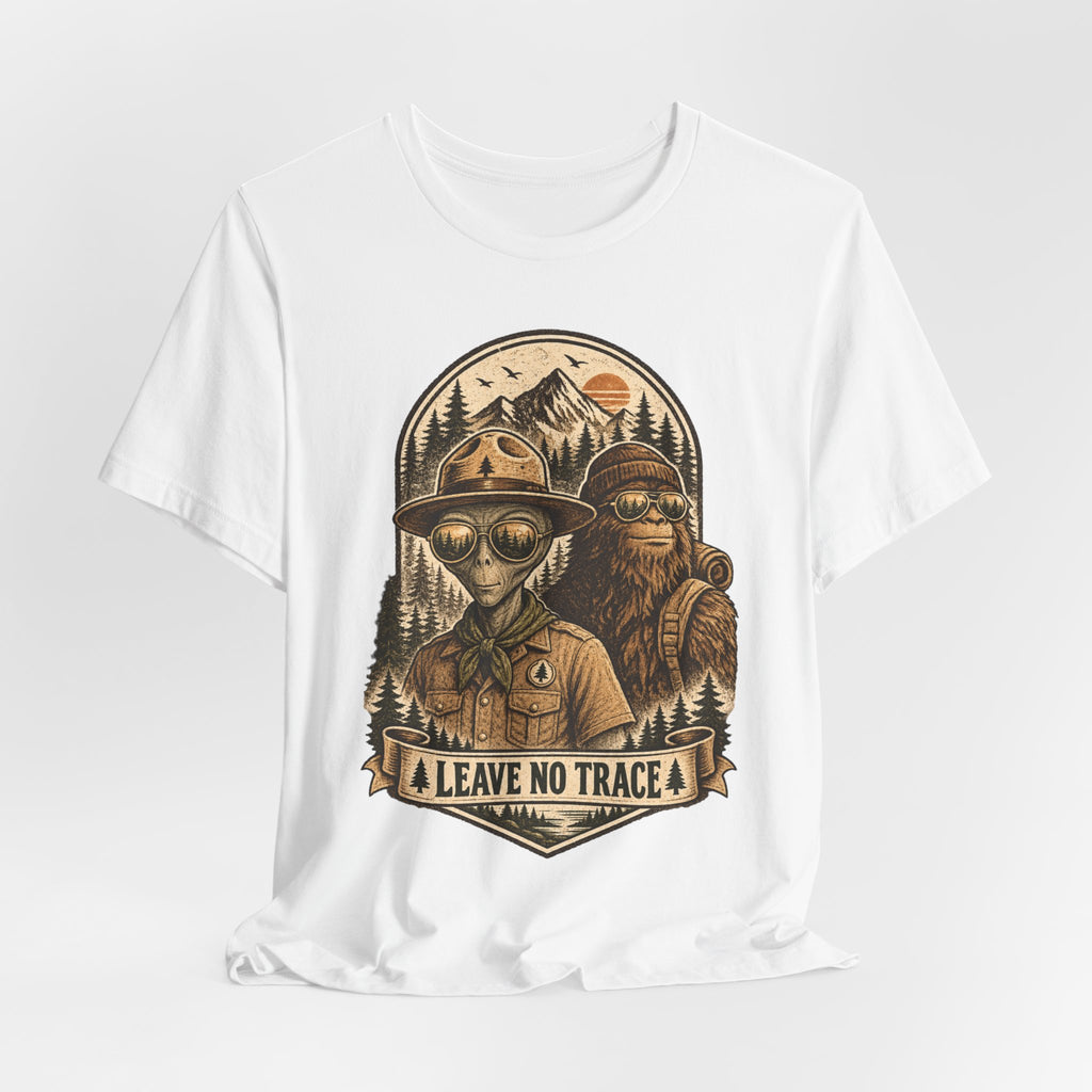 Alien Ranger Bigfoot T-Shirt in Heather Peach - funny alien ranger cryptid park graphic tee, Barely Outdoorsy