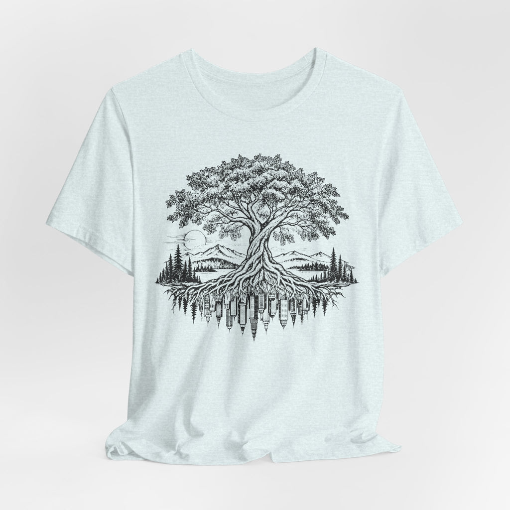 Urban Roots Tree T-Shirt in White - botanical urban roots tree graphic tee, Barely Outdoorsy Bella Canvas 3001