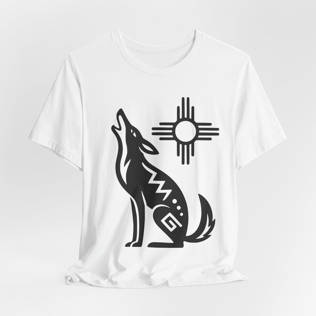 Southwest Zia Sun Coyote Tee in Heather True Royal - howling coyote Zia symbol Southwest shirt, Barely Outdoorsy
