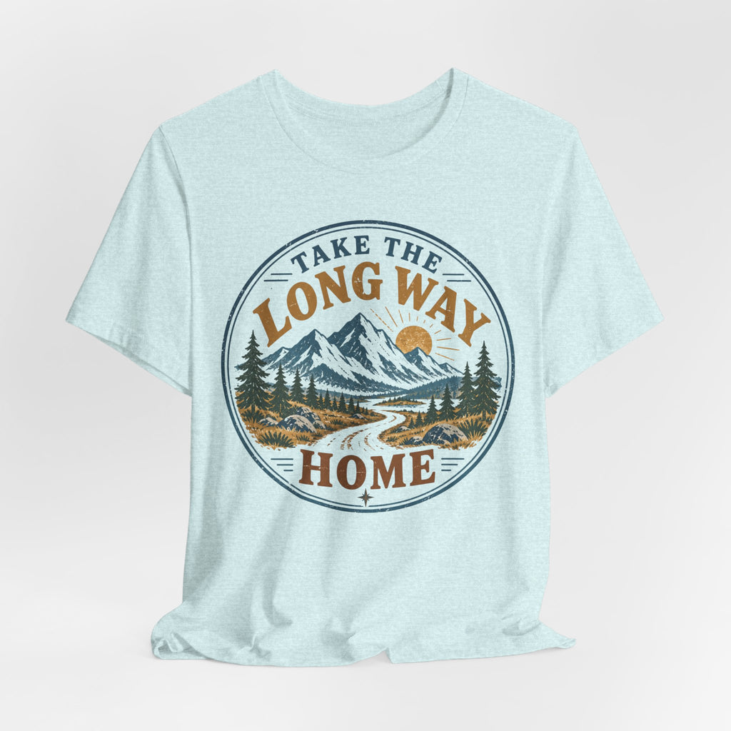 Take The Long Way Home Mountain T-Shirt in White worn shot - retro hiking mountain shirt, Barely Outdoorsy Bella Canvas