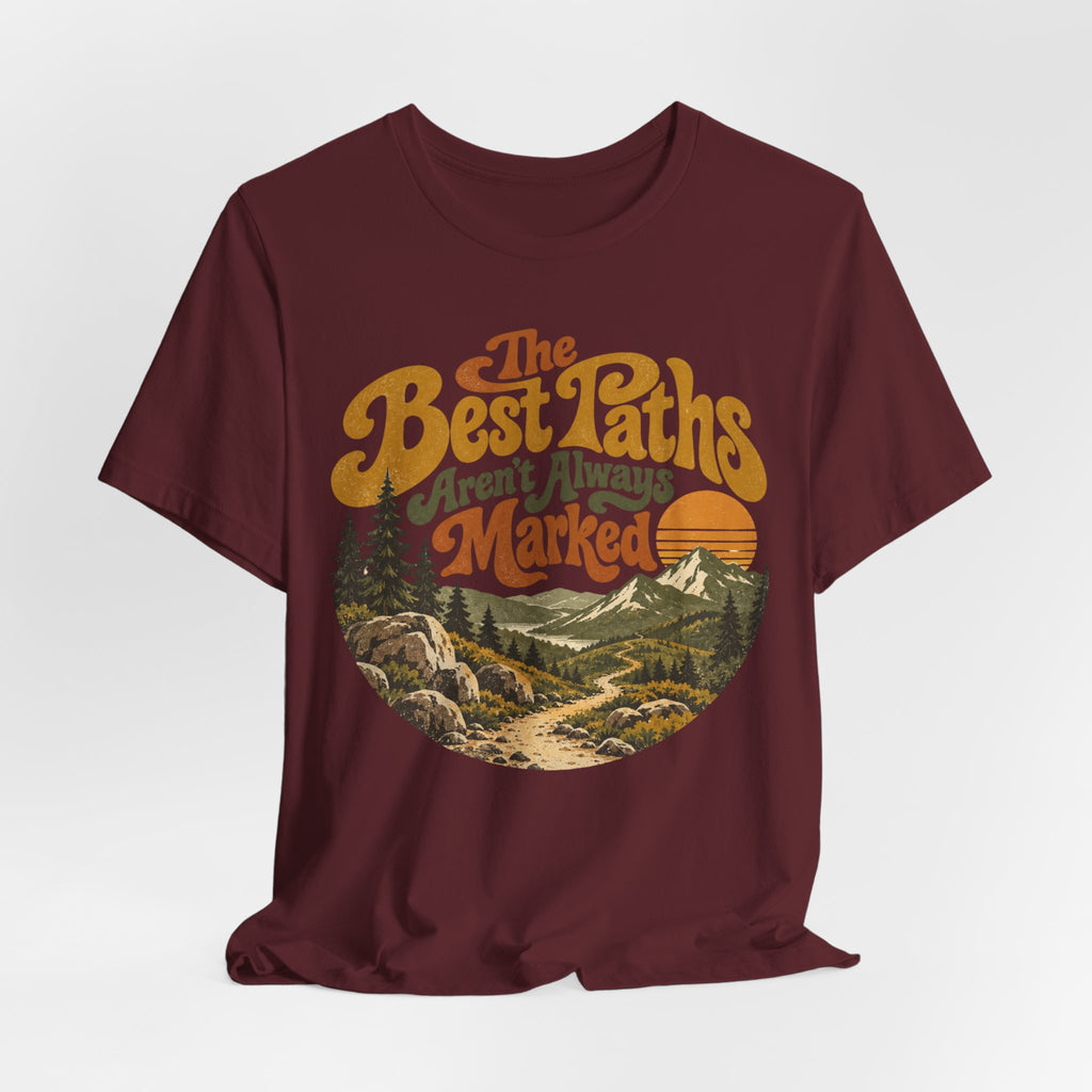 The Best Paths Aren't Always Marked Tee in Dark Grey Heather detail - retro hiking path close-up graphic