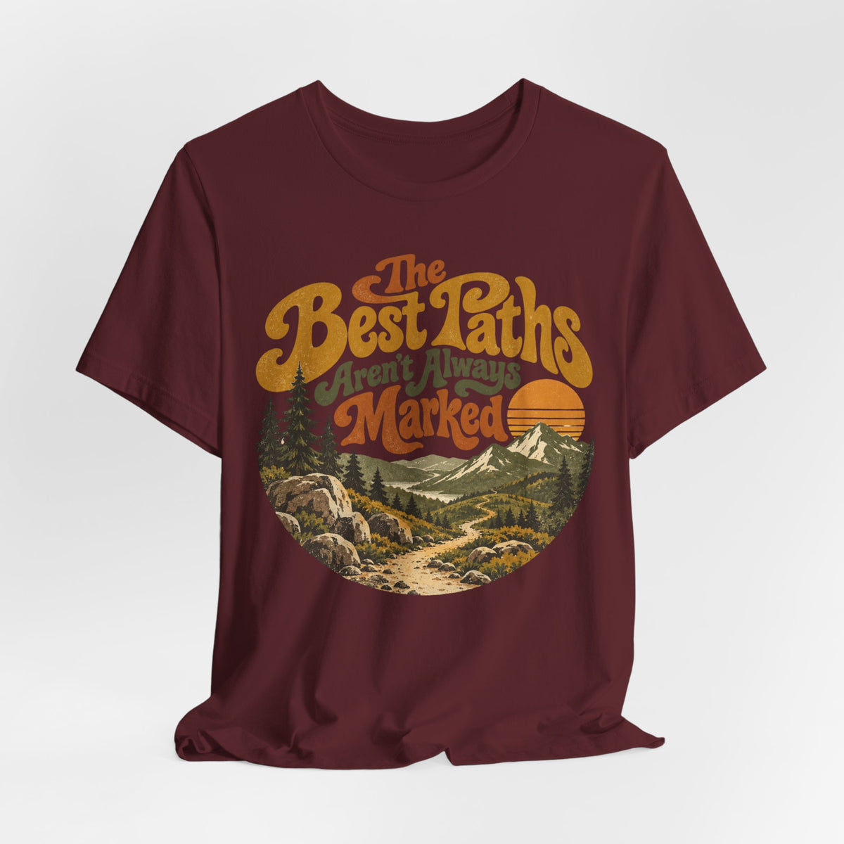 The Best Paths Aren't Always Marked Tee in Dark Grey Heather detail - retro hiking path close-up graphic