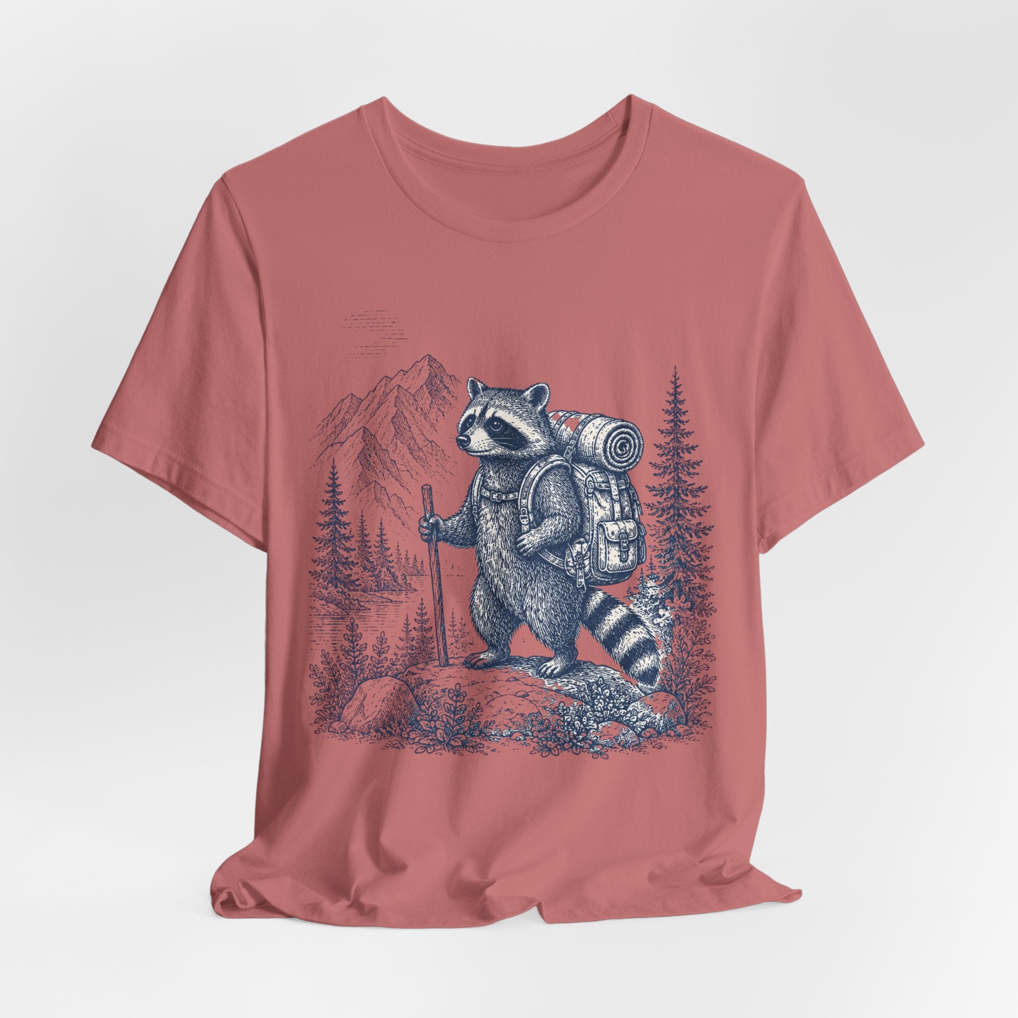 Backpacking Raccoon Hiking Tee in Pink detail - raccoon backpacking hiking close-up graphic, Barely Outdoorsy Bella Canvas 3001