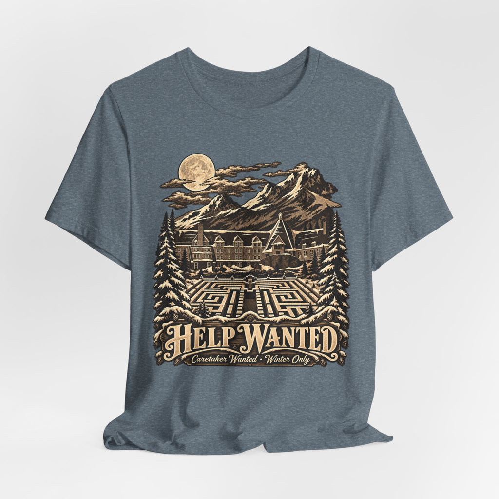 Help Wanted Winter Caretaker Tee in Heather Navy - funny winter caretaker horror parody shirt, Barely Outdoorsy