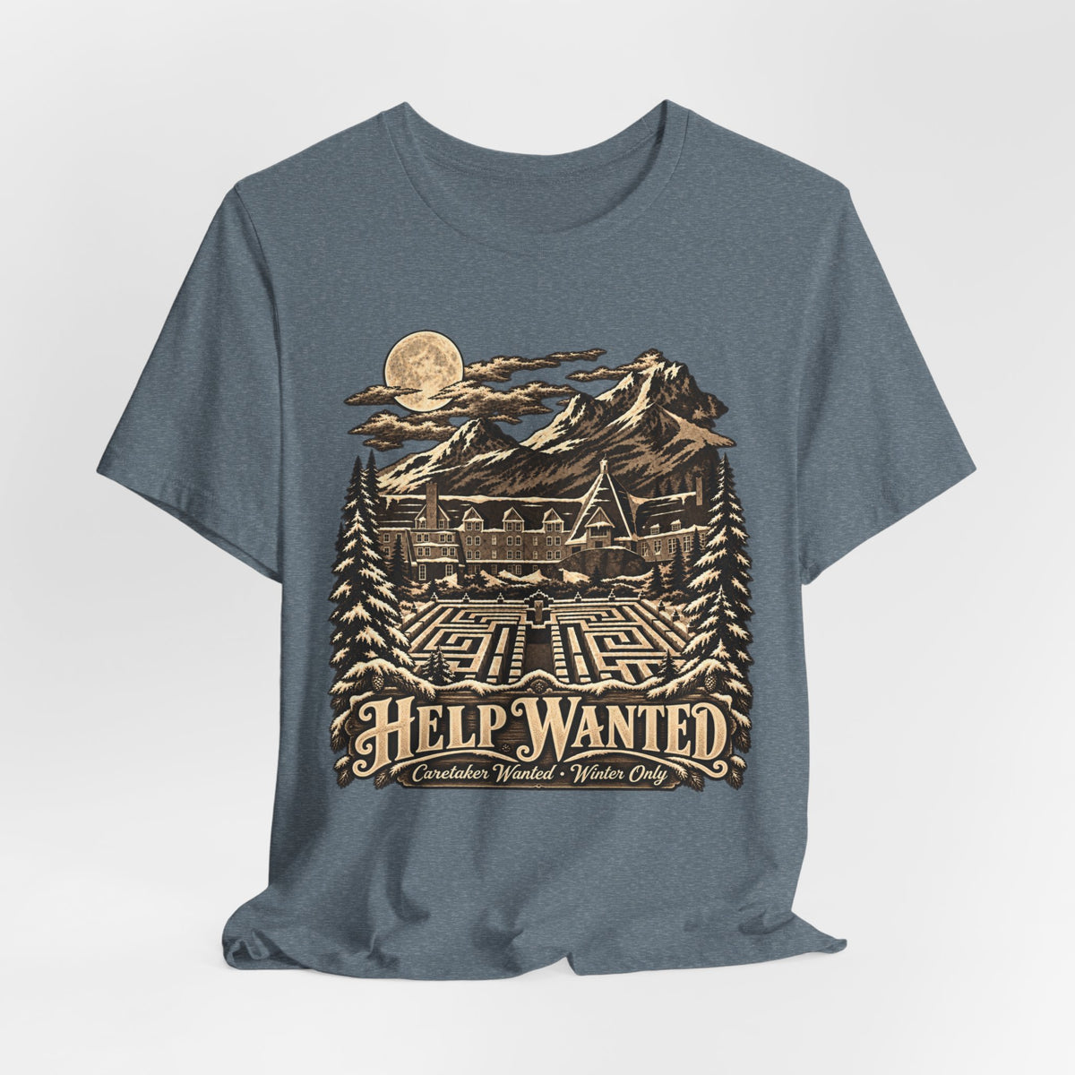 Help Wanted Winter Caretaker Tee in Heather Navy - funny winter caretaker horror parody shirt, Barely Outdoorsy