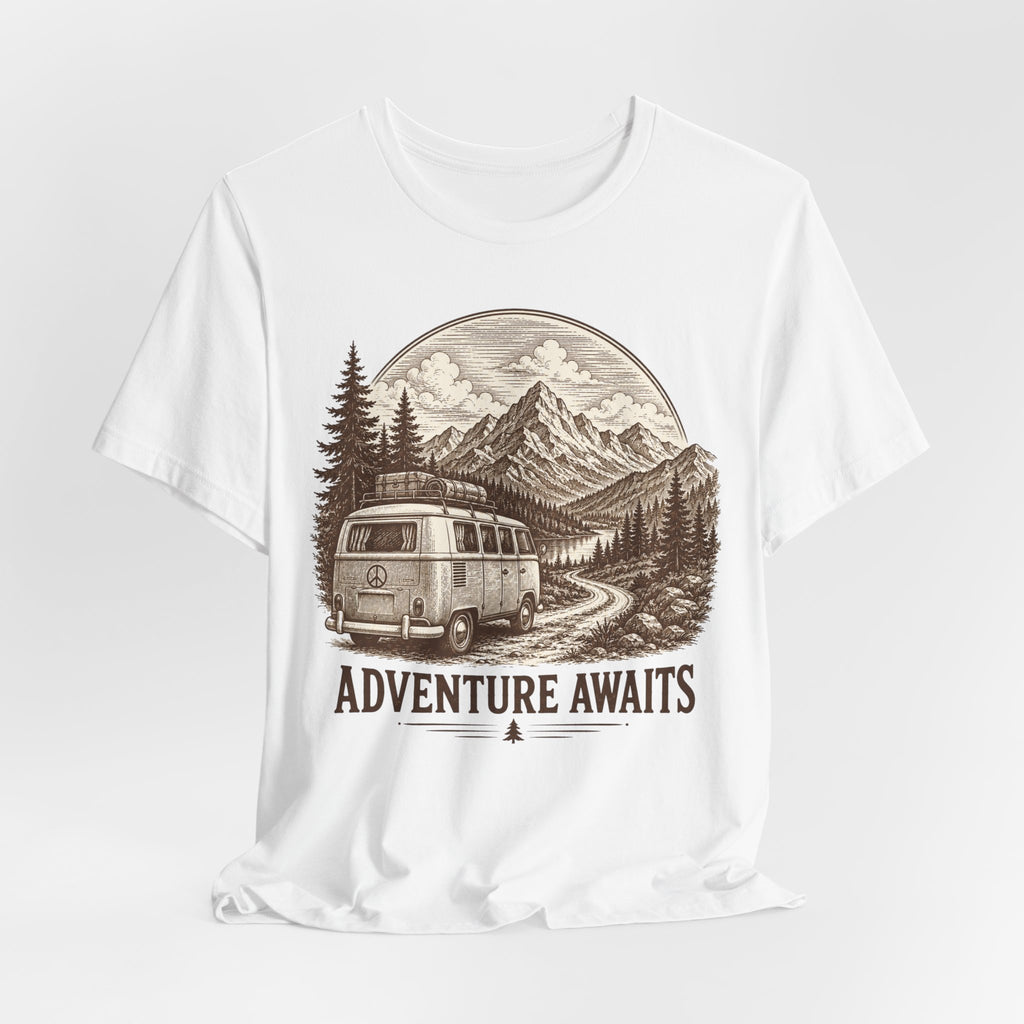 Adventure Awaits Tee in White - retro crosshatch van mountain road etching shirt, Barely Outdoorsy