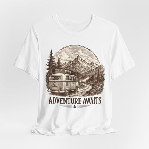 Adventure Awaits Tee in White - retro crosshatch van mountain road etching shirt, Barely Outdoorsy