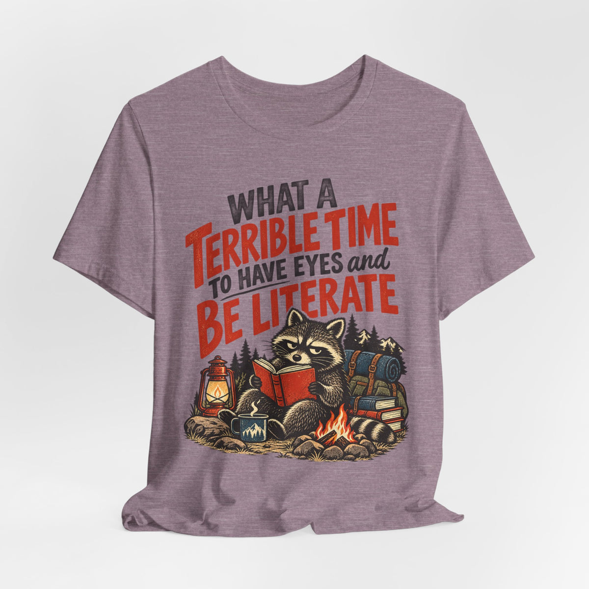 Terrible Time to Be Literate Camping Raccoon Tee detail Mustard - raccoon camping literate close-up graphic, Barely Outdoorsy Bella Canvas
