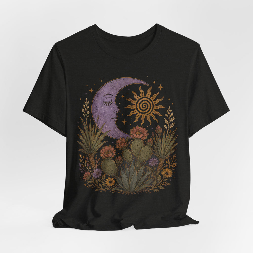 Desert Moon and Sun Celestial Botanical T-Shirt in Dark Grey Heather - boho celestial desert botanical graphic tee, Barely Outdoorsy Bella Canvas 3001