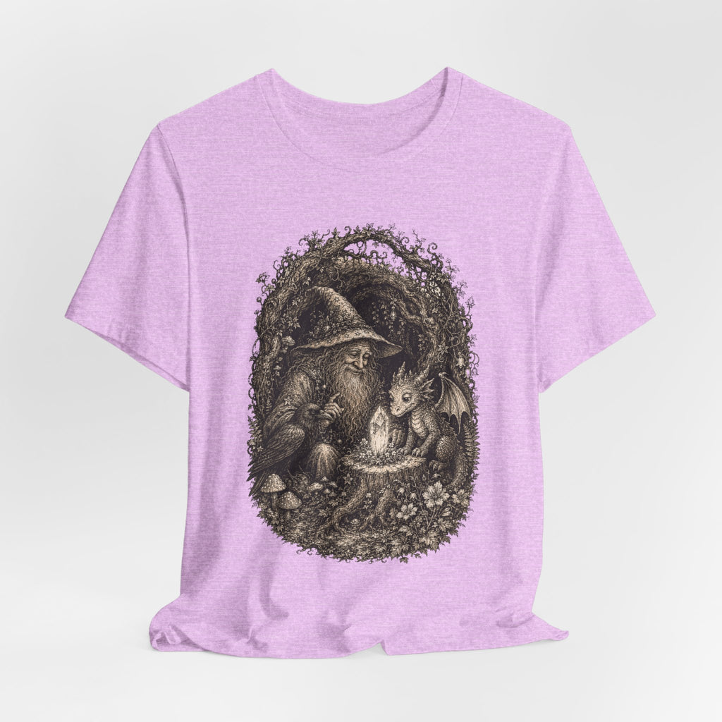 Wizard and Dragon Tee in Mauve - fantasy wizard dragon raven shirt, Barely Outdoorsy Bella Canvas