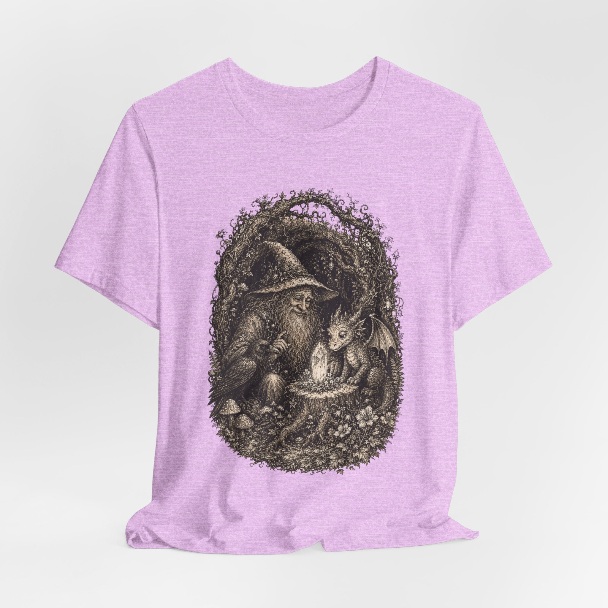 Wizard and Dragon Tee in Mauve - fantasy wizard dragon raven shirt, Barely Outdoorsy Bella Canvas