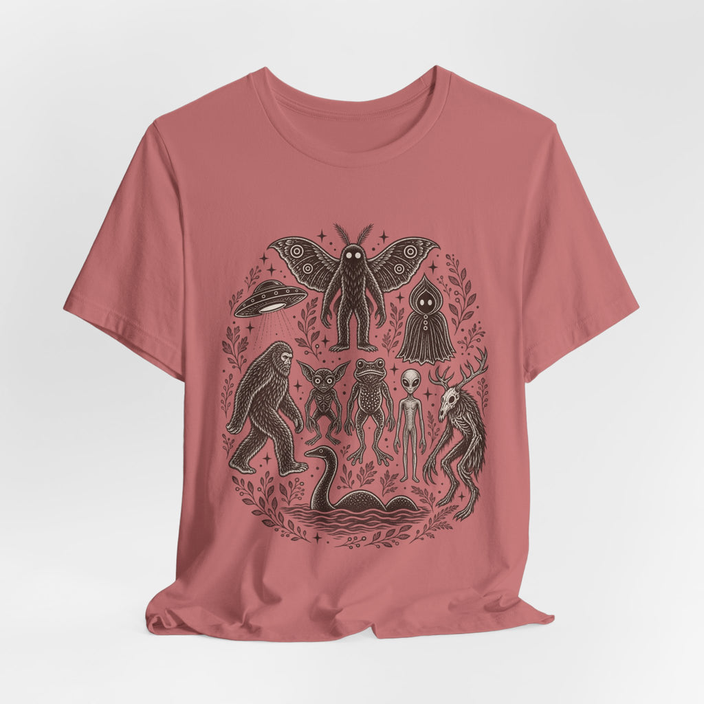 Legendary Cryptid Roster T-Shirt in White - funny cryptid roster graphic tee, Barely Outdoorsy Bella Canvas