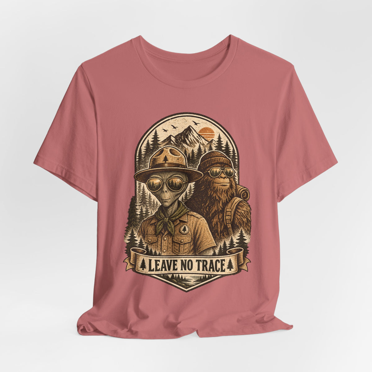 Alien Ranger Bigfoot Tee in White - funny alien ranger Bigfoot leave no trace shirt, Barely Outdoorsy Bella Canvas 3001