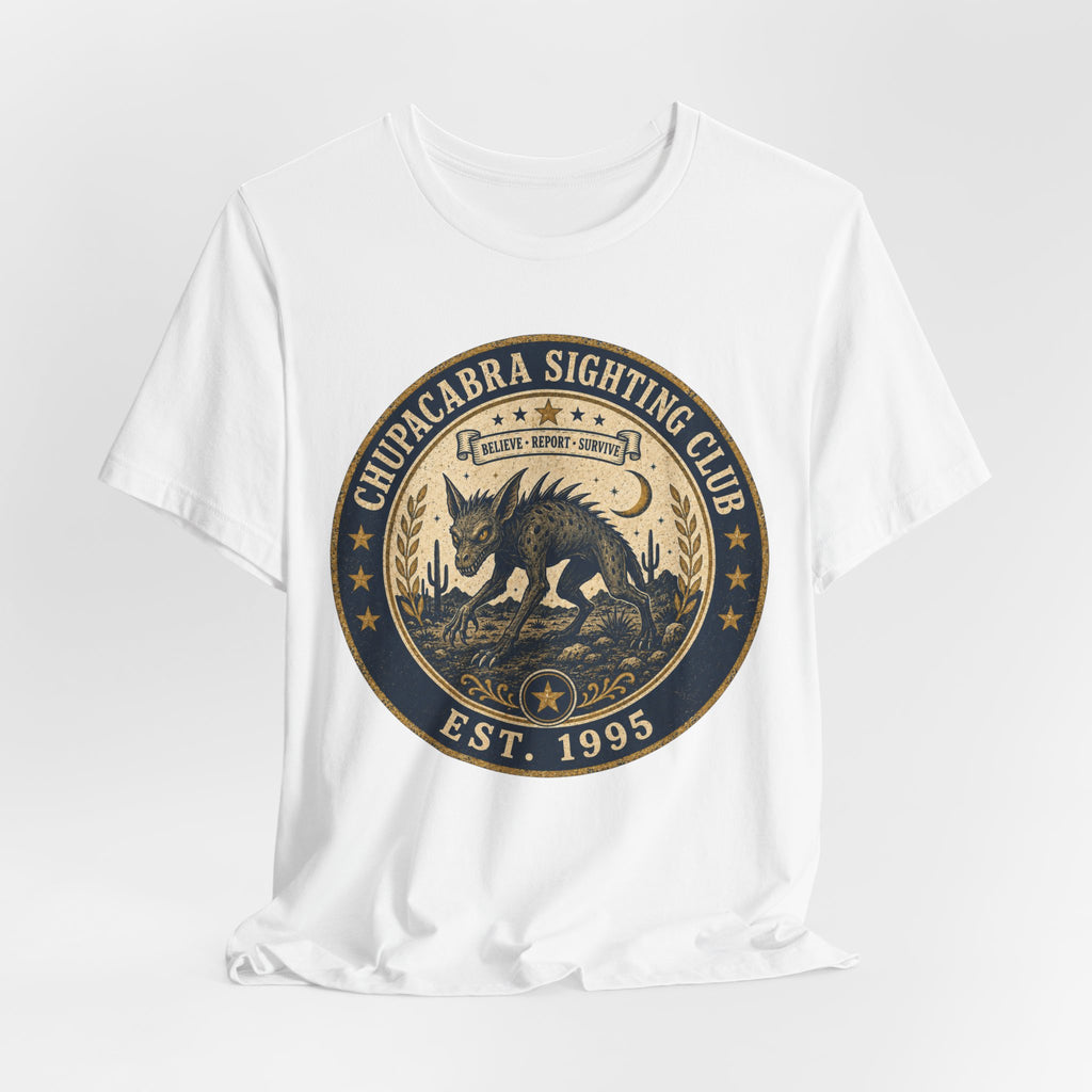 Chupacabra Sighting Club T-Shirt in Dark Grey Heather - vintage cryptid badge graphic tee, Barely Outdoorsy Bella Canvas 3001