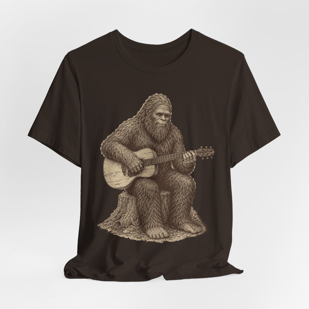 Bigfoot Guitar T-Shirt in White detail - vintage engraving Sasquatch acoustic guitar close-up graphic