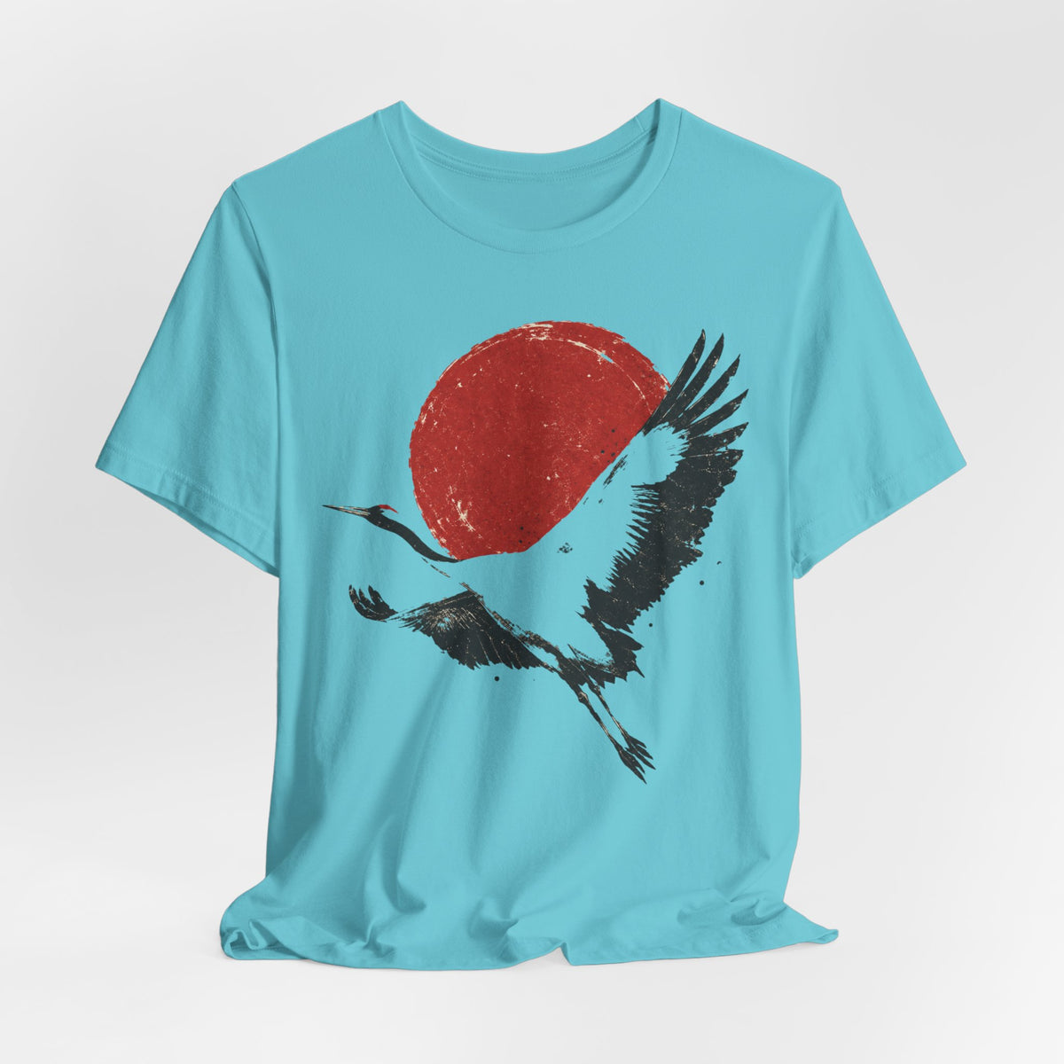 Red Crowned Crane Sumi-e Tee in Heather Blue Lagoon - sumi-e crane red sun shirt, Barely Outdoorsy Bella Canvas