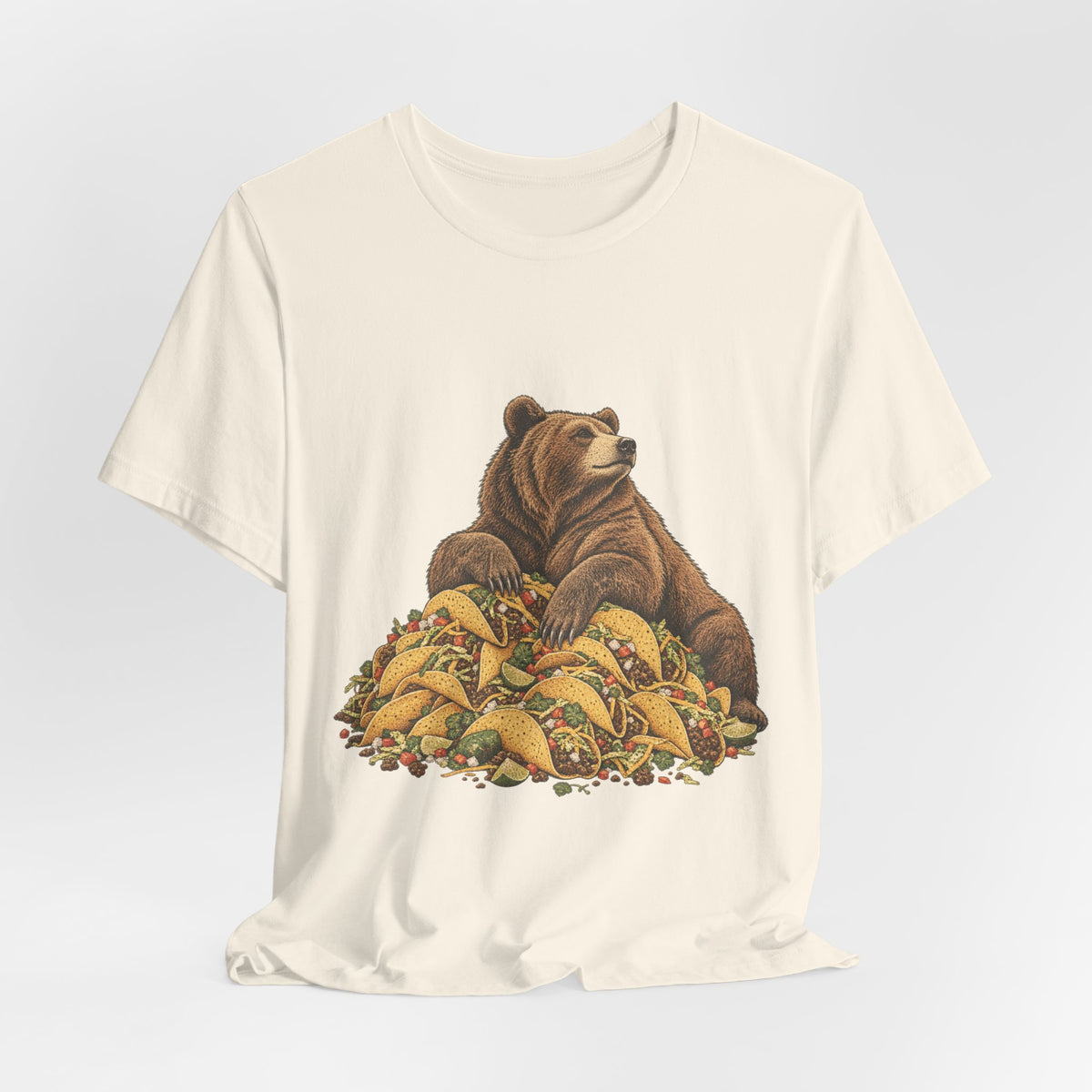 Taco Coma Bear T-Shirt in Dark Grey Heather - funny taco coma bear food humor graphic tee, Barely Outdoorsy Bella Canvas 3001