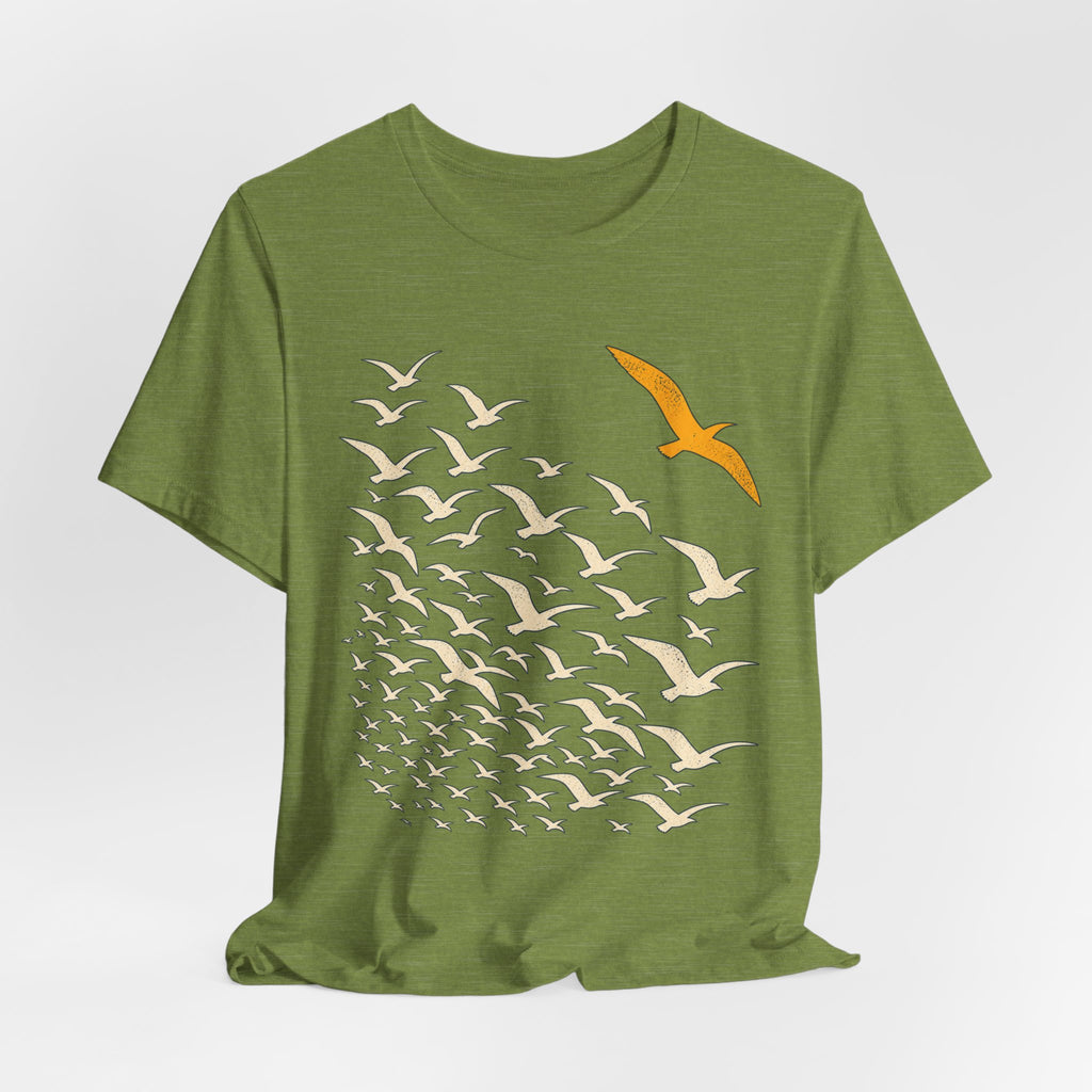 Break From the Flock Bird T-Shirt in Heather Dusty Blue - funny bird break from the flock introvert graphic tee, Barely Outdoorsy