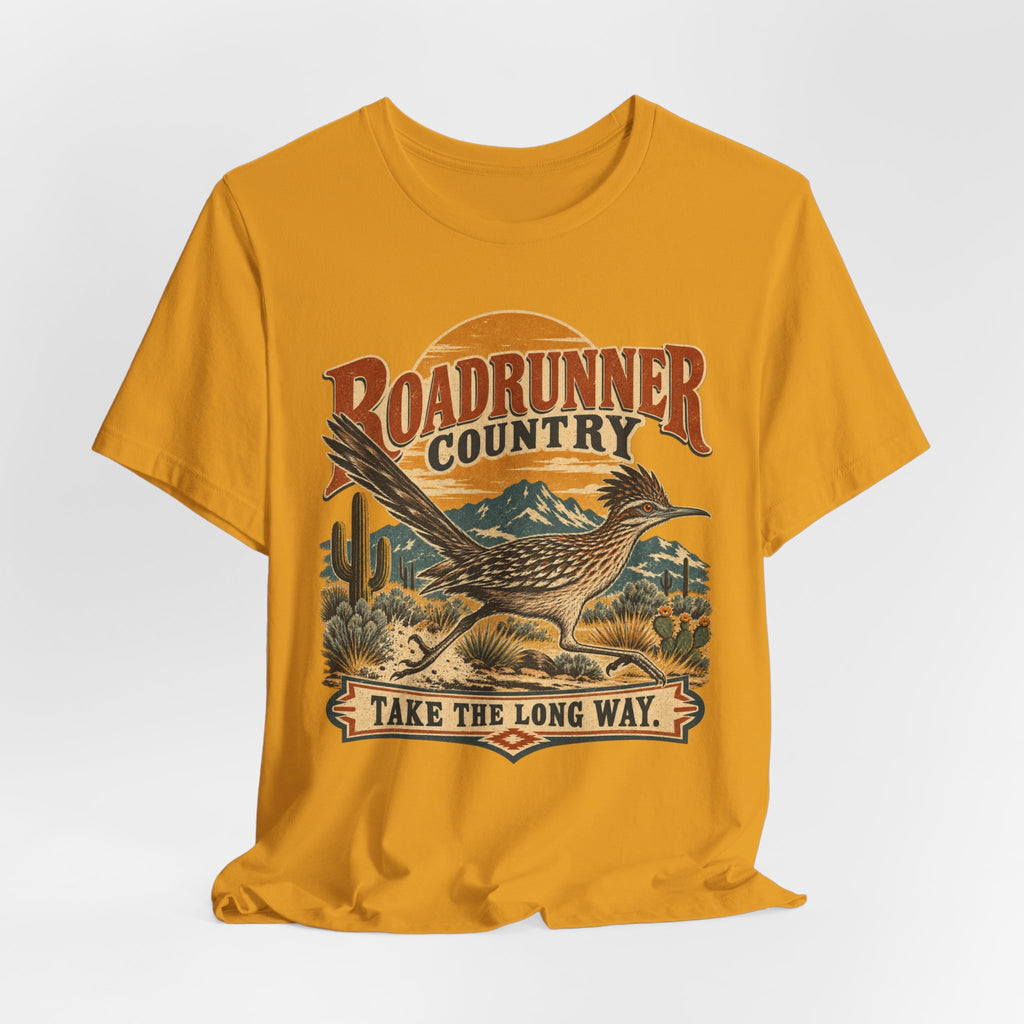 Roadrunner Country Tee in Heather Prism Ice Blue - retro roadrunner country shirt, Barely Outdoorsy Bella Canvas 3001