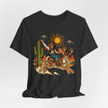 Jackalope Rodeo Rider Tee flat lay Dark Grey Heather - unisex crew neck jackalope rodeo graphic tee, Barely Outdoorsy