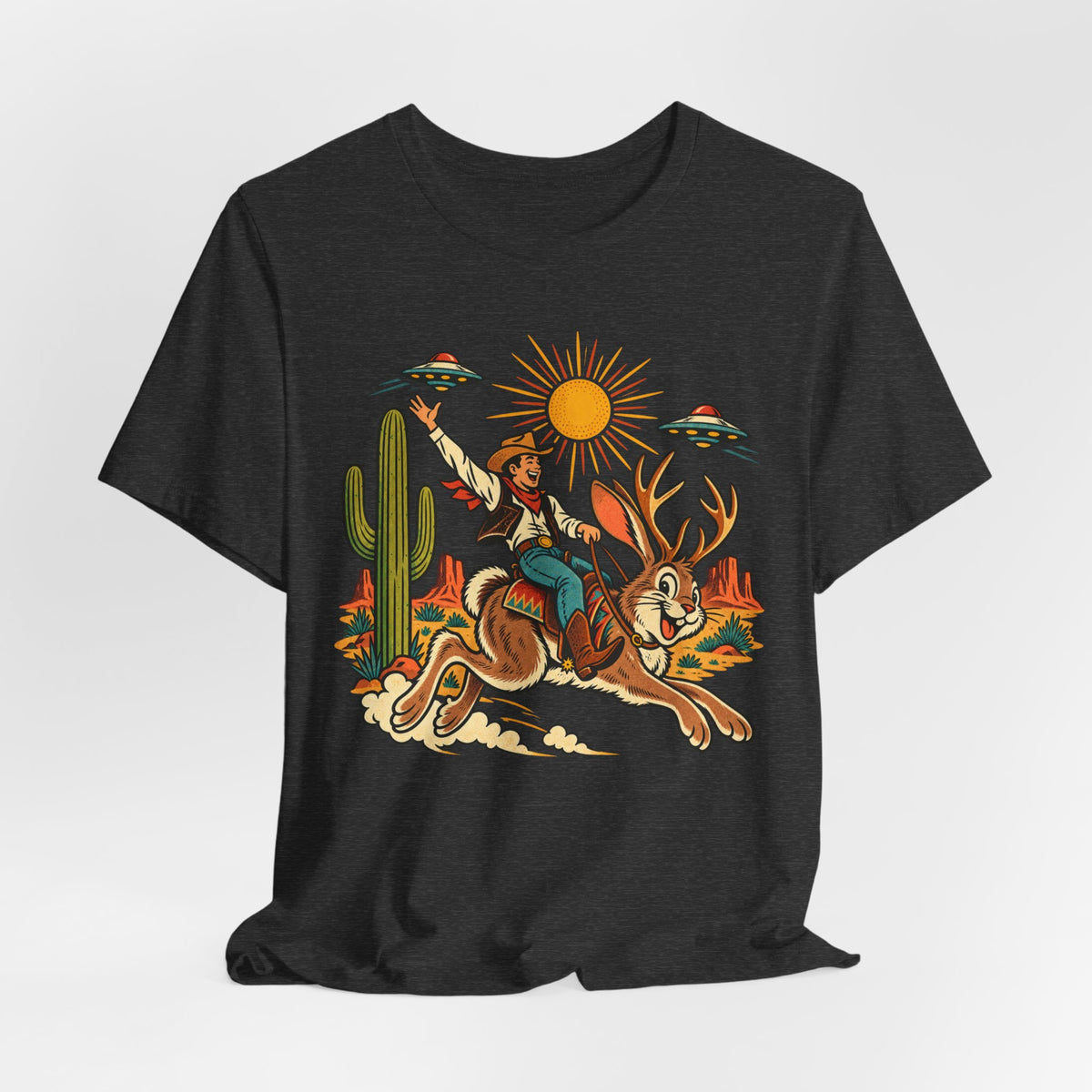 Jackalope Rodeo Rider Tee flat lay Dark Grey Heather - unisex crew neck jackalope rodeo graphic tee, Barely Outdoorsy
