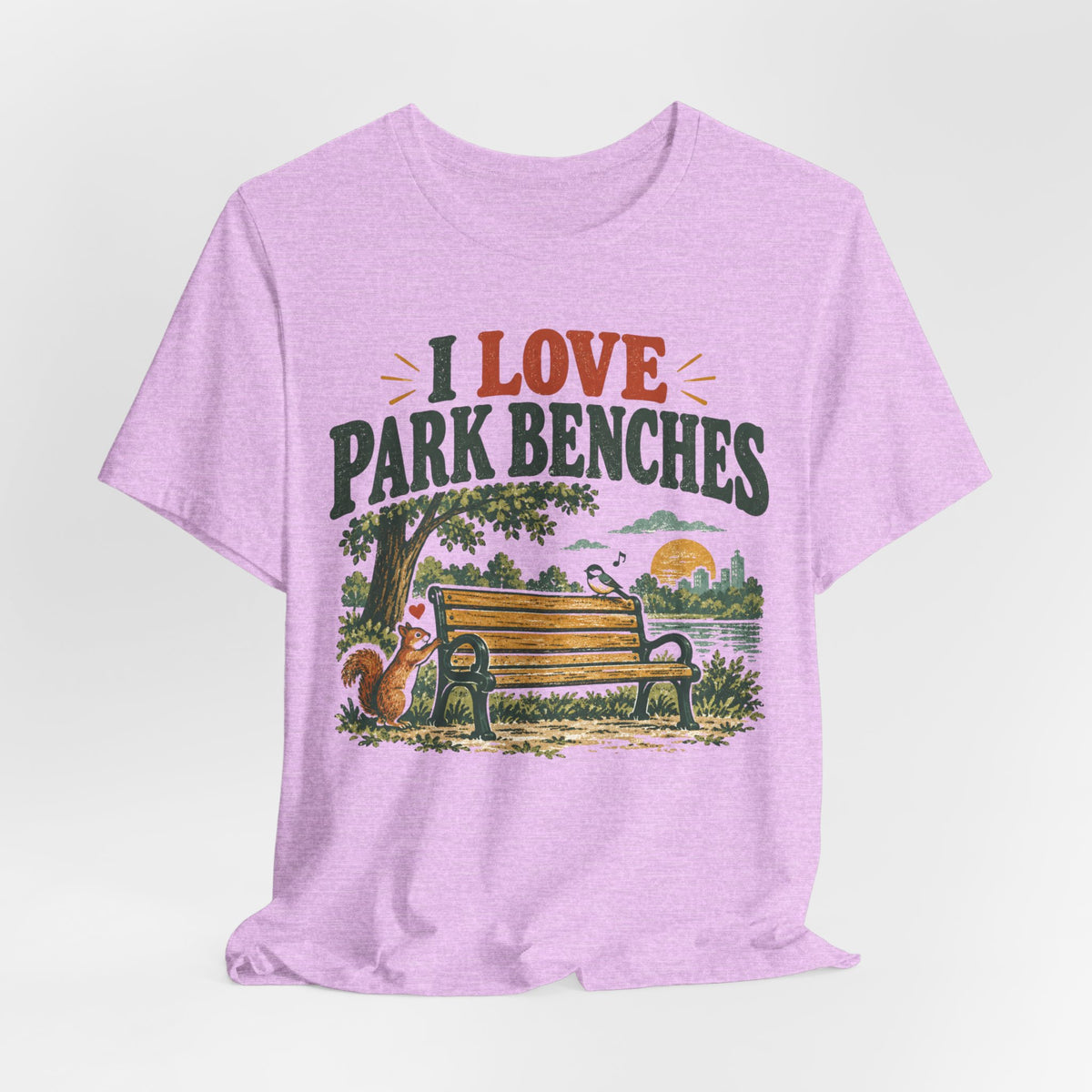 I Love Park Benches T-Shirt in Mauve - funny park bench humor graphic tee, Barely Outdoorsy